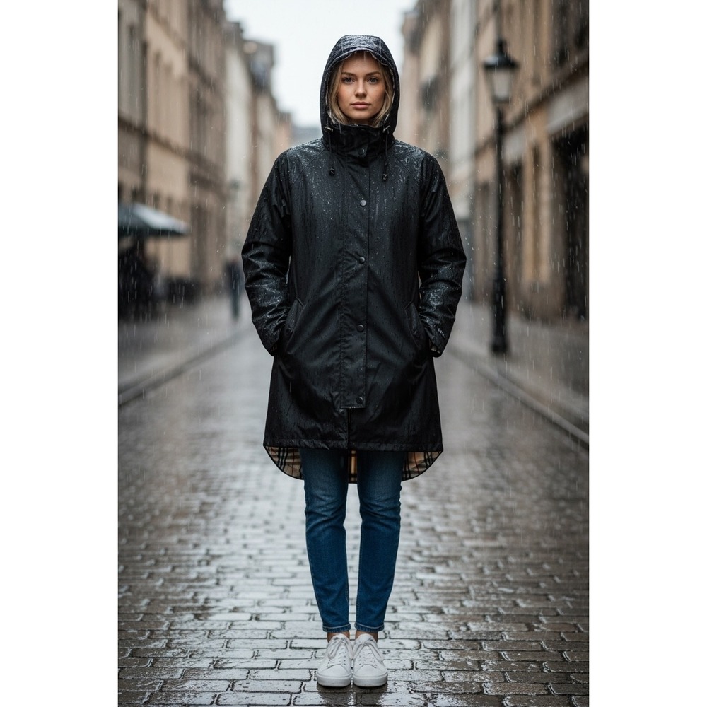 Saphirose Black Hooded Trench Coat Rain Jacket Plaid Lined Womens XL HNMY